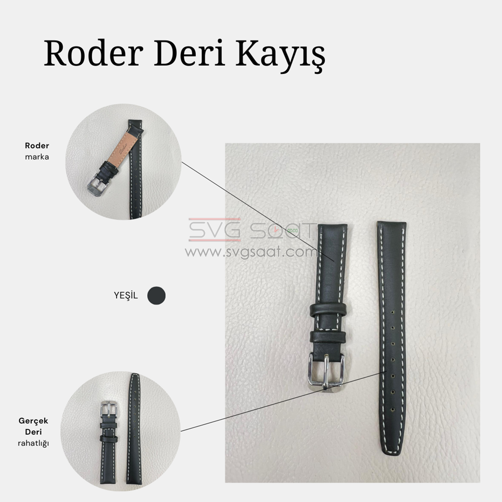 R4106W Roder Deri Kayış - Koyu Yeşil-beyaz - 12MM