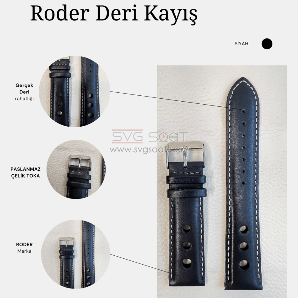 R4129W Roder Deri Kayış - Siyah-beyaz - 20MM — fotoğraf 2