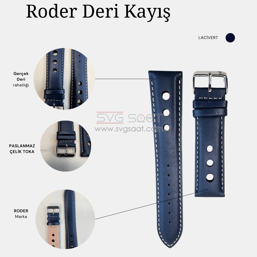 R4129W Roder Deri Kayış - Lacivert-beyaz - 22MM — fotoğraf 2