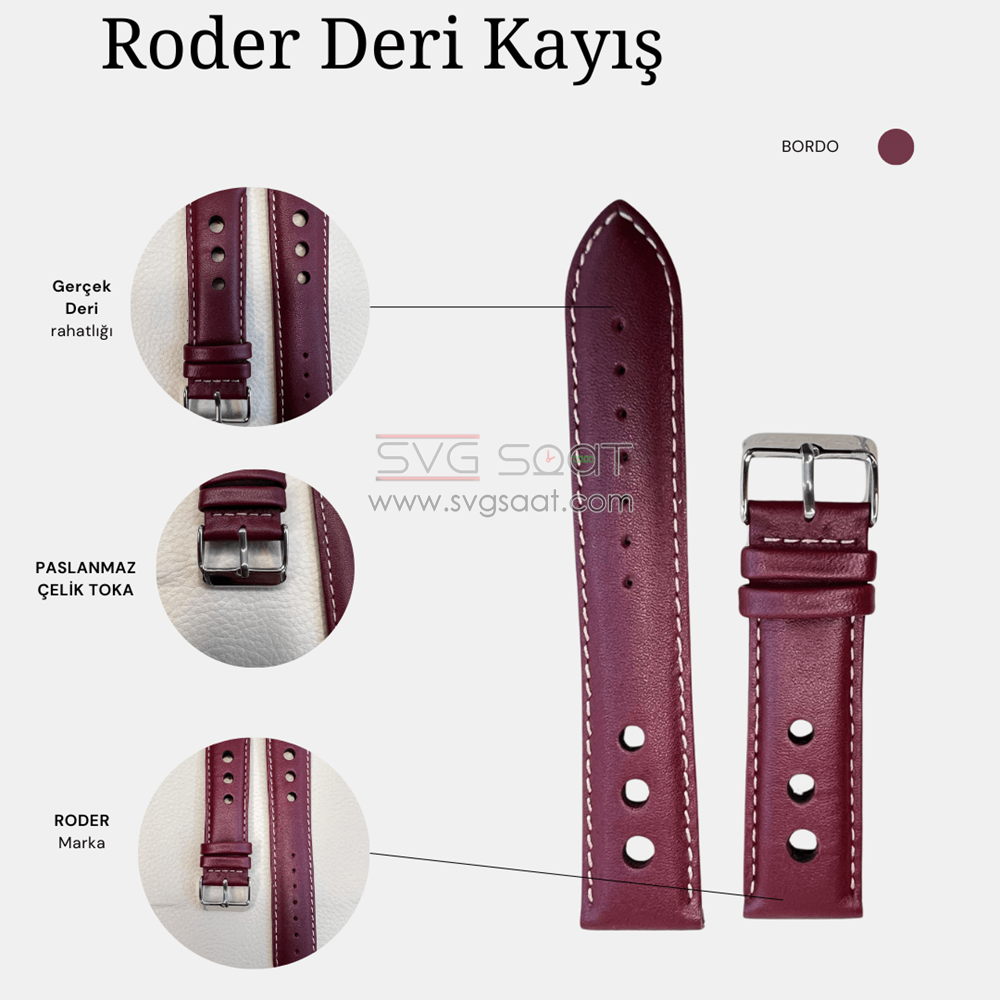 R4129W Roder Deri Kayış - Bordo-beyaz - 20MM — fotoğraf 2