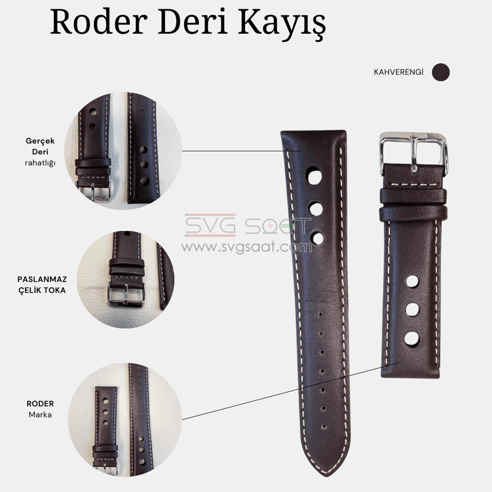 R4129W Roder Deri Kayış - Kahverengi-beyaz - 22MM — fotoğraf 2