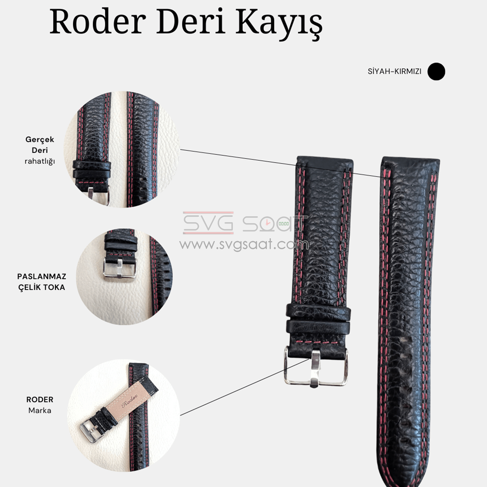 R4131R Roder Deri Kayış - Siyah-kırmızı - 22MM — fotoğraf 3