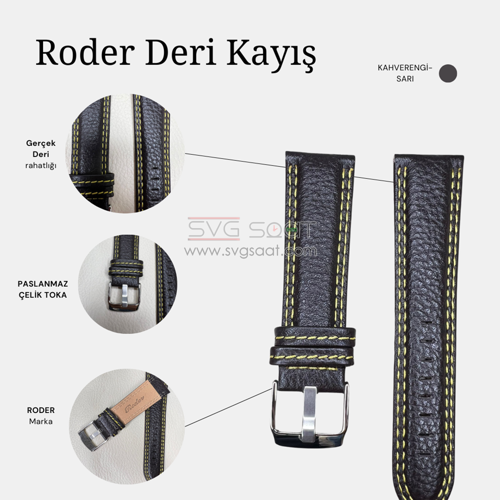 R4131Y Roder Deri Kayış - Kahverengi-sarı - 22MM — fotoğraf 3