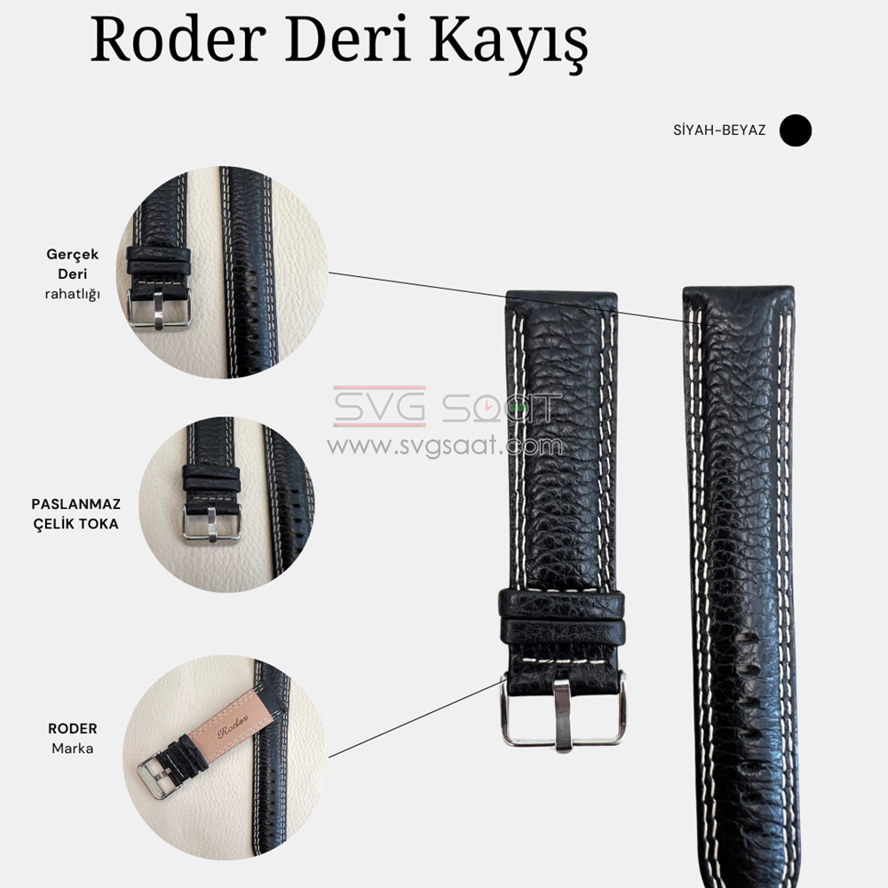 R4131W Roder Deri Kayış - Siyah-beyaz - 22MM — fotoğraf 3