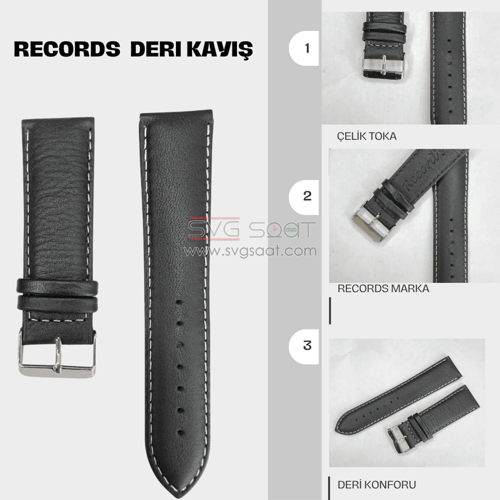 RC3001W Records Deri Kayış - Siyah-beyaz - 20MM — fotoğraf 2