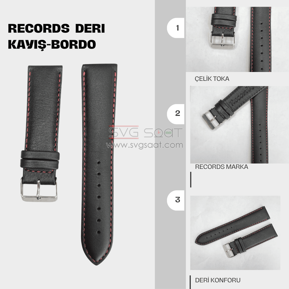 RC3001R Records Deri Kayış - Siyah-kırmızı - 22MM — fotoğraf 2
