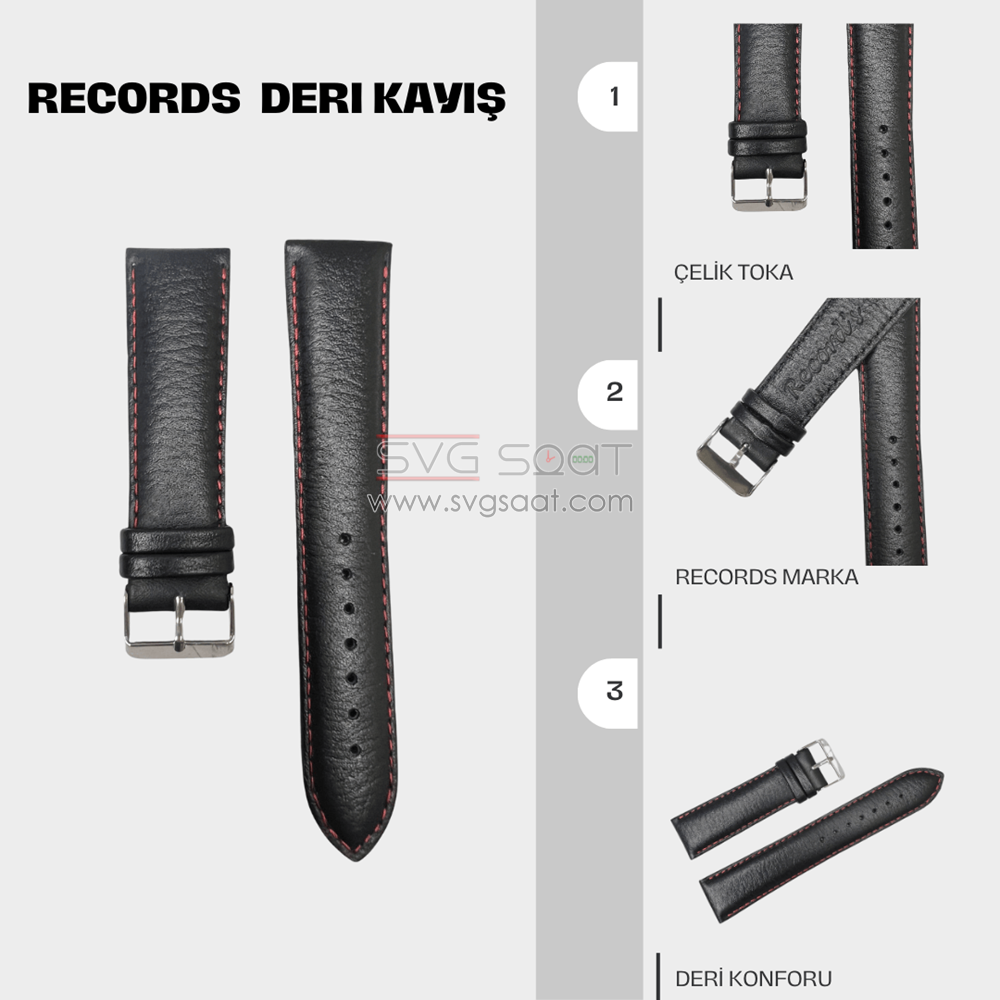 RC3002R Records Deri Kayış - Siyah-kırmızı - 24MM — fotoğraf 2