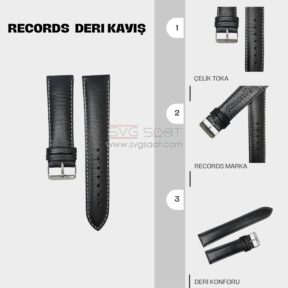 RC3002W Records Deri Kayış - Siyah-beyaz - 18MM — fotoğraf 2