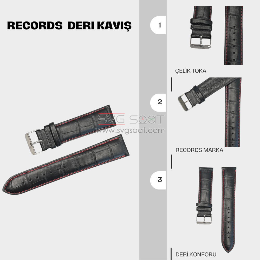 RC3003R Records Deri Kayış - Siyah-kırmızı Dikiş - 20MM — fotoğraf 3