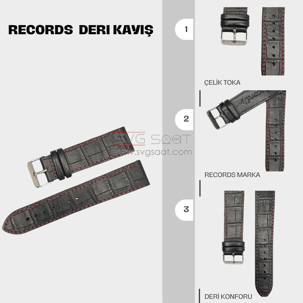 RC3004R Records Deri Kayış -siyah-kırmızı Dikiş - 20MM — fotoğraf 2