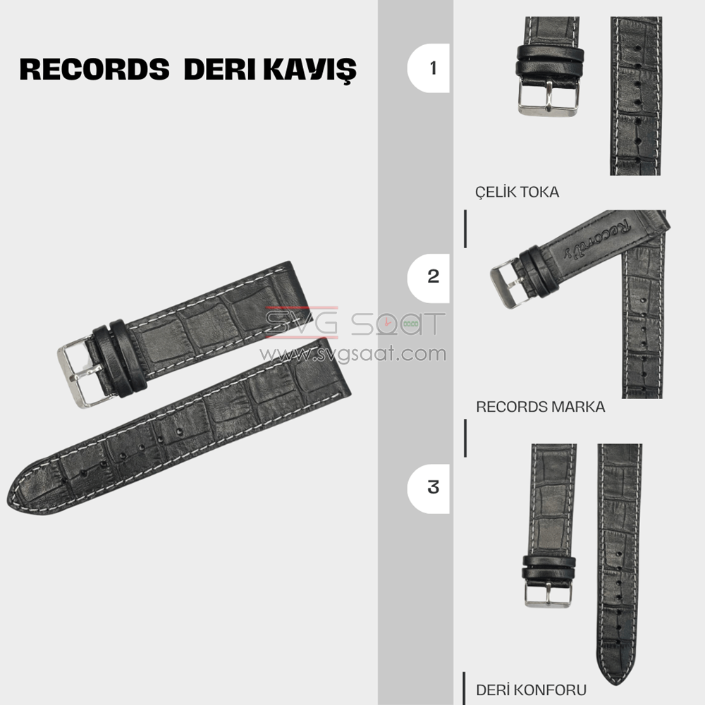 RC3004W Records Deri Kayış -siyah-beyaz Dikiş - 22MM — fotoğraf 2