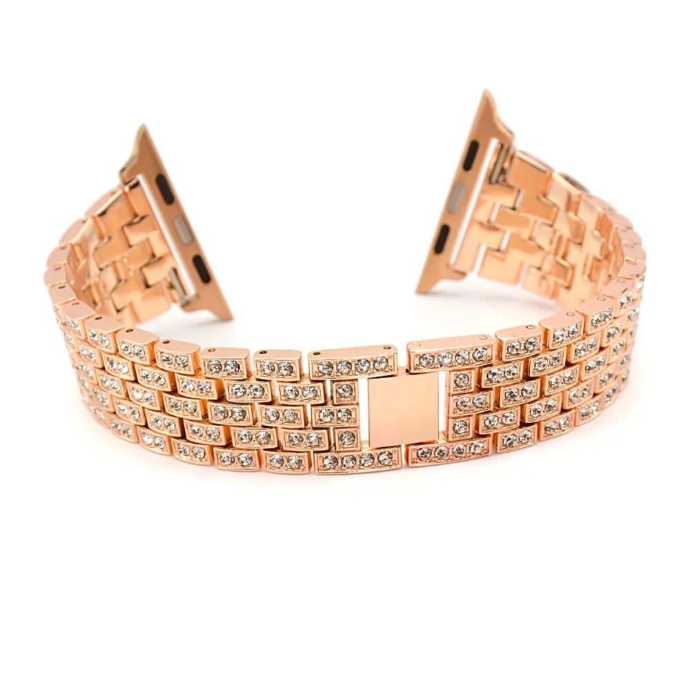 Apple watch uyumlu taş işlemeli metal kordon - ROSE GOLD - 44MM